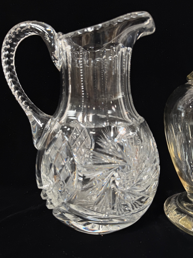 (L) Vintage American Brilliant Period Cut Glass Pitcher 10.5'H And (R) Antique JM Van Kempen Oval Cut Glass Ewer 12.5'H [Photo 2]