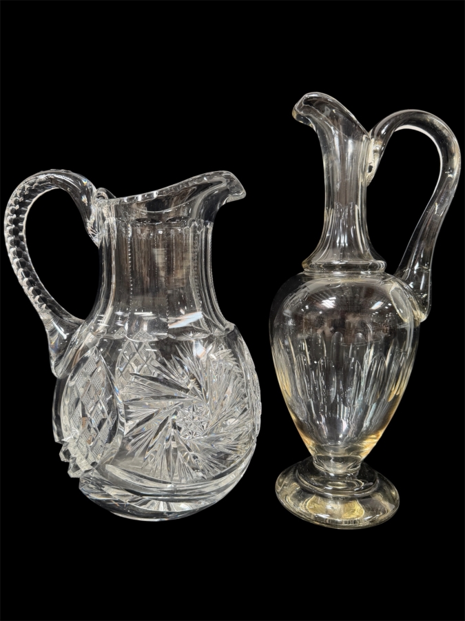 (L) Vintage American Brilliant Period Cut Glass Pitcher 10.5'H And (R) Antique JM Van Kempen Oval Cut Glass Ewer 12.5'H