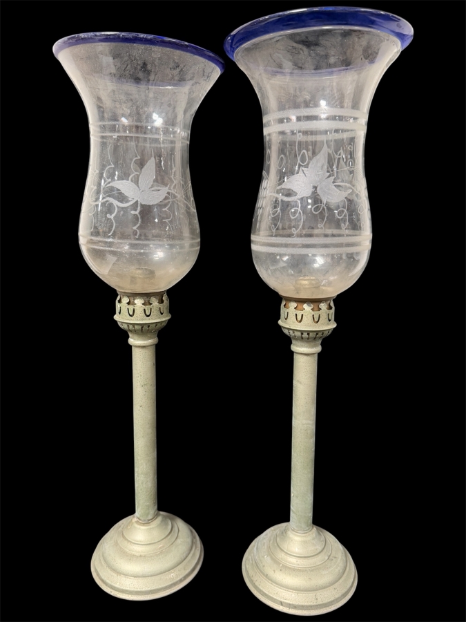 Pair Of Antique Hurricane Lamps Candlesticks With Etched Glass Shades 21.5'H