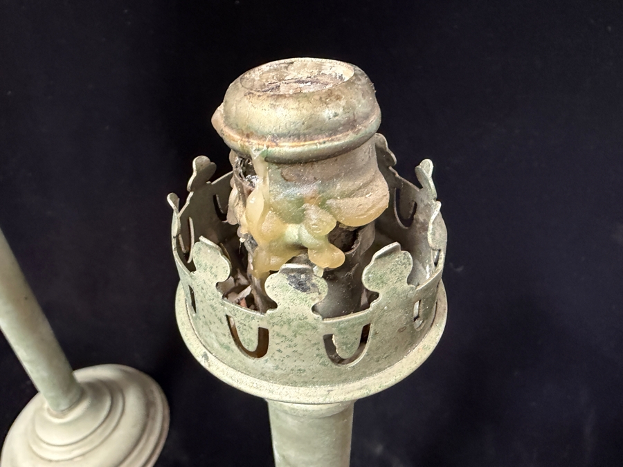 Pair Of Antique Hurricane Lamps Candlesticks With Etched Glass Shades 21.5'H [Photo 4]