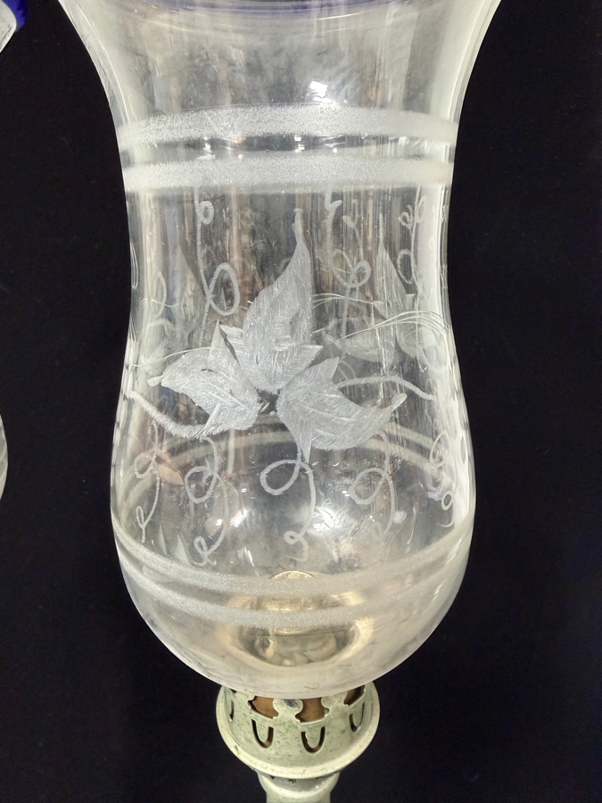 Pair Of Antique Hurricane Lamps Candlesticks With Etched Glass Shades 21.5'H [Photo 2]