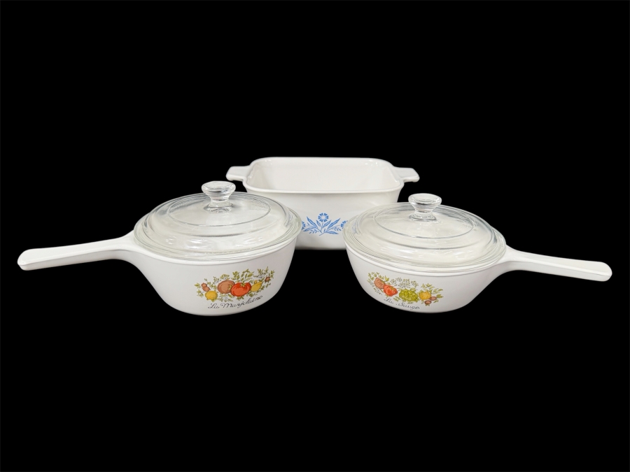 (2) Vintage Corning Ware Sauce Pans And Casserole Dish