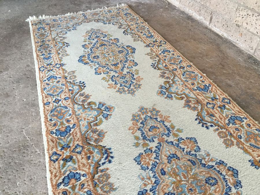 Vintage Iranian Hand Knotted 100% Virgin Lamb Wool Pile Persian Rug Runner - Light Browns & Light Blues [Photo 7]