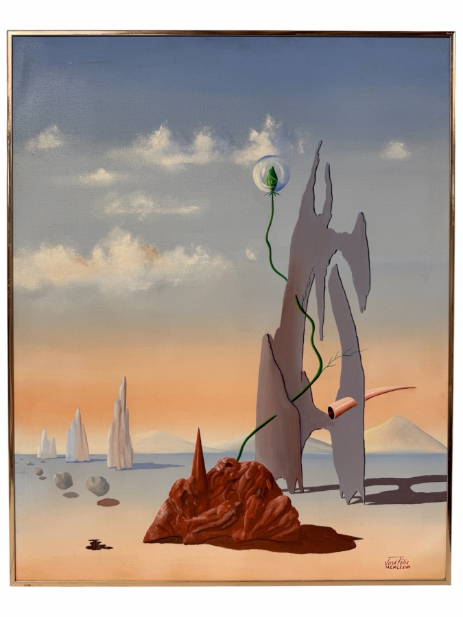 Jose Felix Original Surrealist Painting On Canvas Titled 'Genesis' Signed Lower Right And Dated 1977 24 X 30