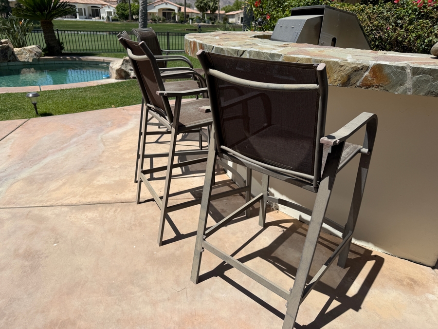 Set Of (4) Modern StyleWell Outdoor Aluminum Bar Stools With Brown Textilene Sling Fabric And Curved Armrests Seat 28'H [Photo 4]