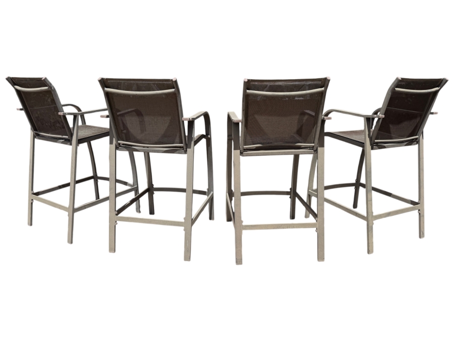 Set Of (4) Modern StyleWell Outdoor Aluminum Bar Stools With Brown Textilene Sling Fabric And Curved Armrests Seat 28'H [Photo 2]