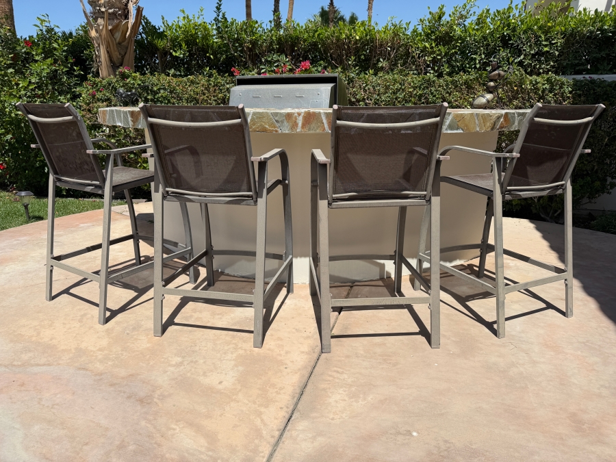 Set Of (4) Modern StyleWell Outdoor Aluminum Bar Stools With Brown Textilene Sling Fabric And Curved Armrests Seat 28'H