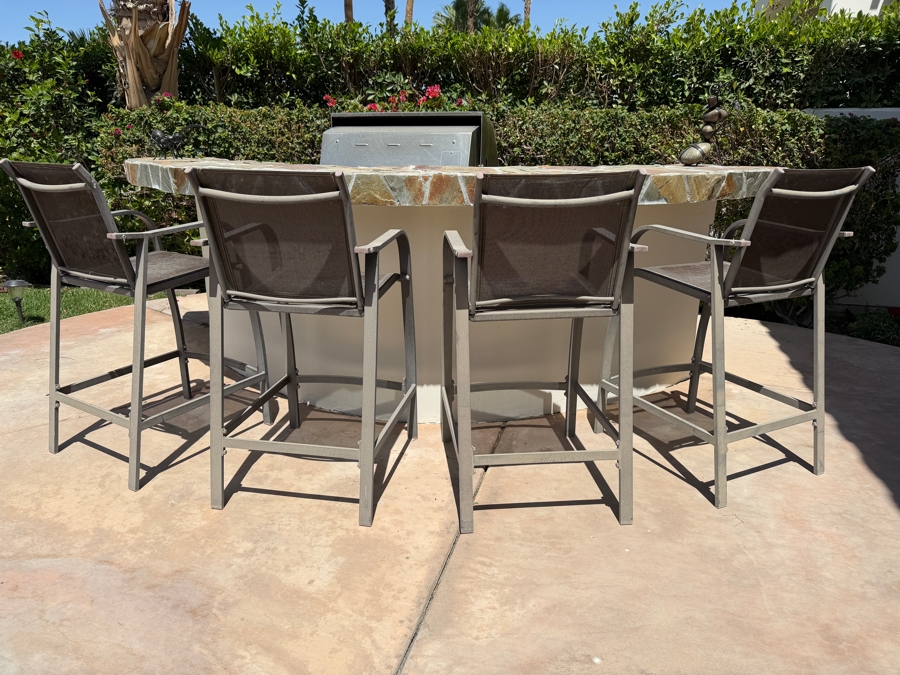 Set Of (4) Modern StyleWell Outdoor Aluminum Bar Stools With Brown Textilene Sling Fabric And Curved Armrests Seat 28'H [Photo 3]