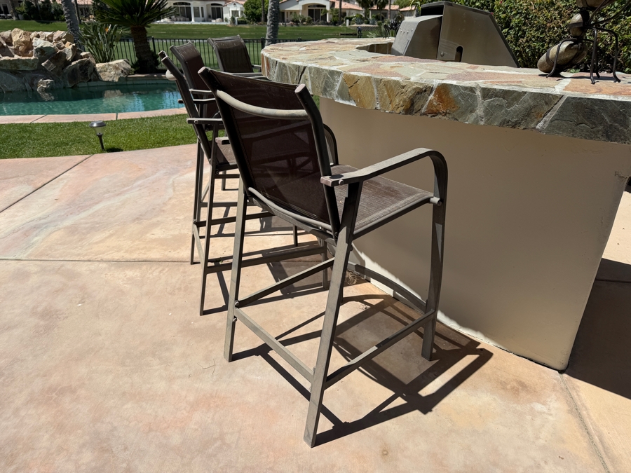Set Of (4) Modern StyleWell Outdoor Aluminum Bar Stools With Brown Textilene Sling Fabric And Curved Armrests Seat 28'H [Photo 5]