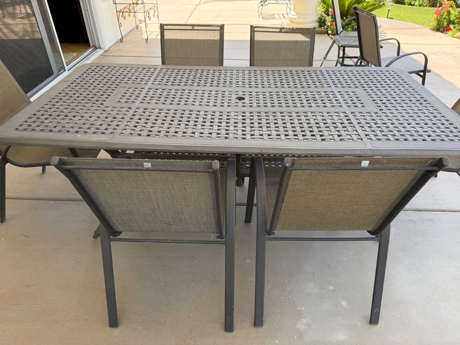 7-Piece Contemporary Outdoor Patio Dining Set With Rectangular Metal Table And (6) StyleWell Aluminum High-Back Gray Textilene Sling Chairs Table: 42'W X 82'L [Photo 7]