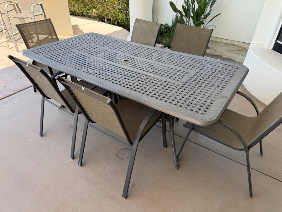 7-Piece Contemporary Outdoor Patio Dining Set With Rectangular Metal Table And (6) StyleWell Aluminum High-Back Gray Textilene Sling Chairs Table: 42'W X 82'L [Photo 5]