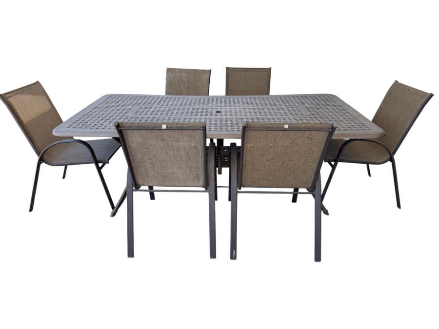 7-Piece Contemporary Outdoor Patio Dining Set With Rectangular Metal Table And (6) StyleWell Aluminum High-Back Gray Textilene Sling Chairs Table: 42'W X 82'L [Photo 2]