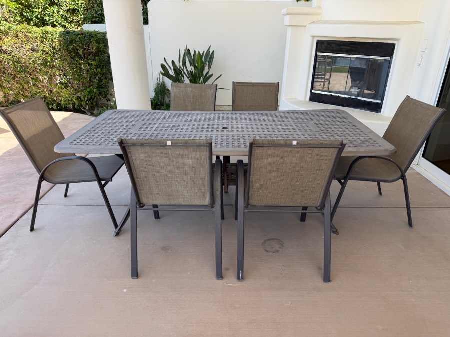 7-Piece Contemporary Outdoor Patio Dining Set With Rectangular Metal Table And (6) StyleWell Aluminum High-Back Gray Textilene Sling Chairs Table: 42'W X 82'L