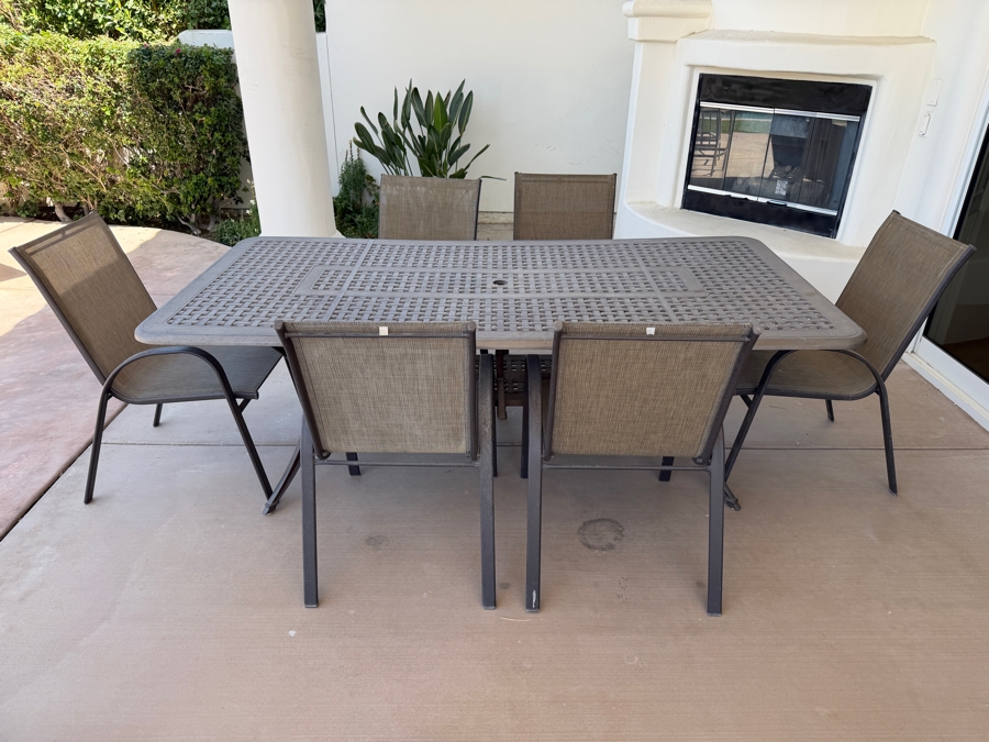 7-Piece Contemporary Outdoor Patio Dining Set With Rectangular Metal Table And (6) StyleWell Aluminum High-Back Gray Textilene Sling Chairs Table: 42'W X 82'L [Photo 3]