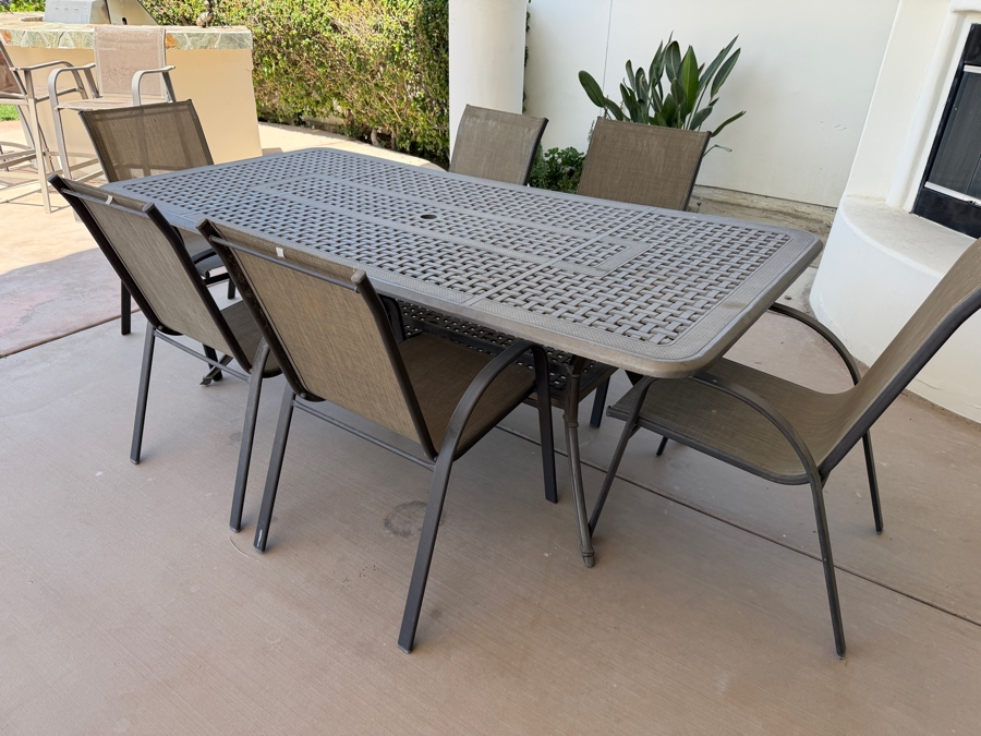 7-Piece Contemporary Outdoor Patio Dining Set With Rectangular Metal Table And (6) StyleWell Aluminum High-Back Gray Textilene Sling Chairs Table: 42'W X 82'L [Photo 4]