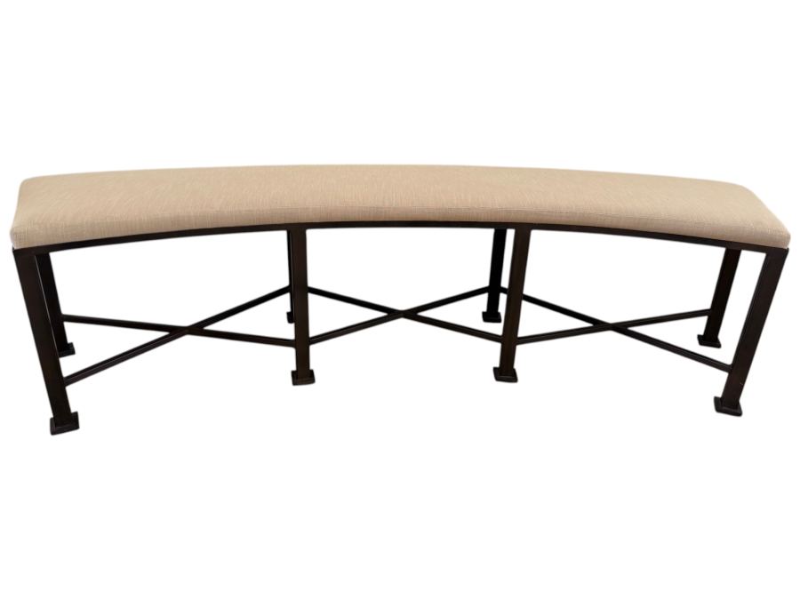 Modern Curved Upholstered Entryway Bench With Dark Metal X-Base Frame And Neutral Fabric Seat Cushion 70'W X 18'D X 20'H [Photo 2]