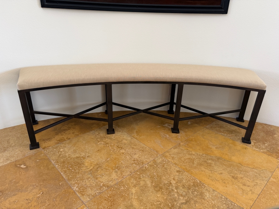 Modern Curved Upholstered Entryway Bench With Dark Metal X-Base Frame And Neutral Fabric Seat Cushion 70'W X 18'D X 20'H