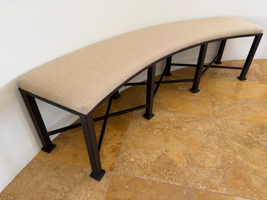 Modern Curved Upholstered Entryway Bench With Dark Metal X-Base Frame And Neutral Fabric Seat Cushion 70'W X 18'D X 20'H [Photo 5]