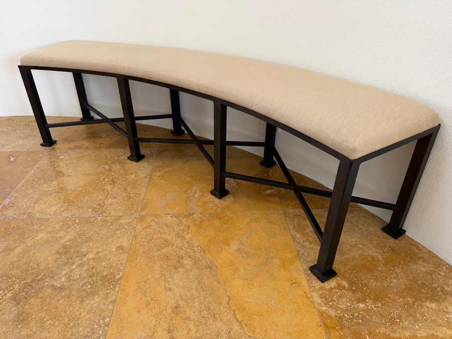 Modern Curved Upholstered Entryway Bench With Dark Metal X-Base Frame And Neutral Fabric Seat Cushion 70'W X 18'D X 20'H [Photo 6]