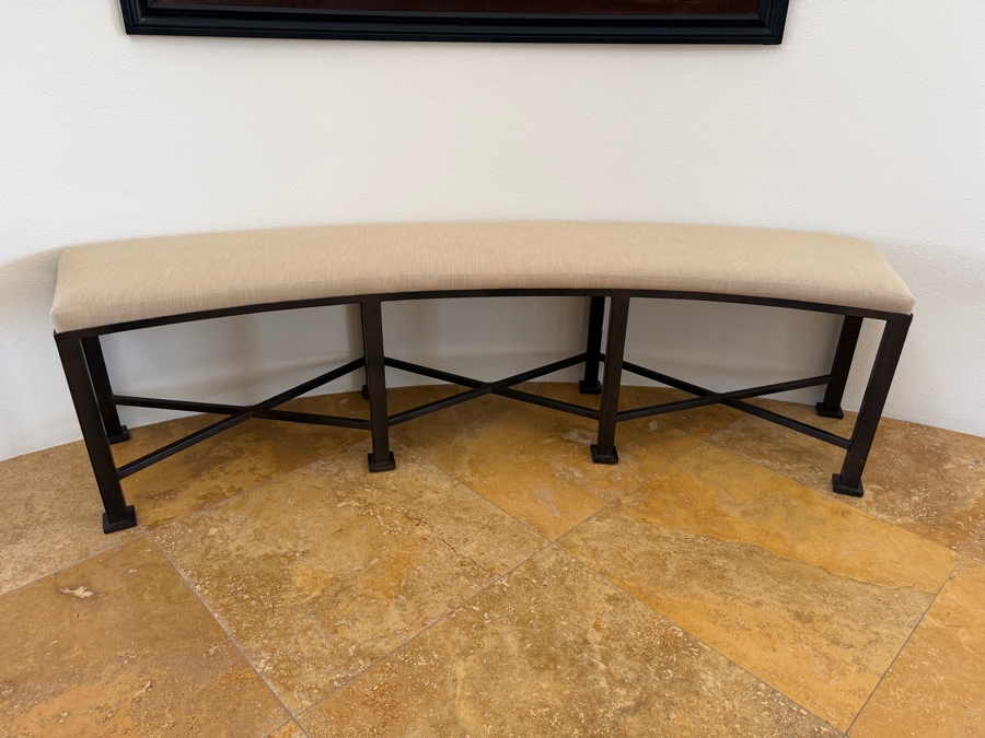 Modern Curved Upholstered Entryway Bench With Dark Metal X-Base Frame And Neutral Fabric Seat Cushion 70'W X 18'D X 20'H [Photo 3]