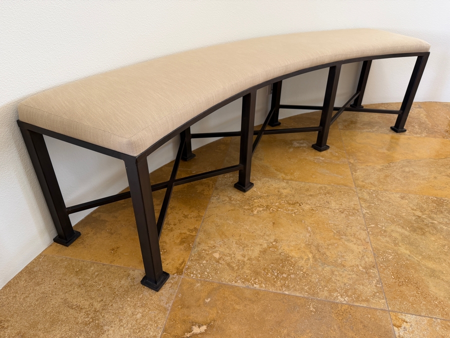 Modern Curved Upholstered Entryway Bench With Dark Metal X-Base Frame And Neutral Fabric Seat Cushion 70'W X 18'D X 20'H [Photo 4]