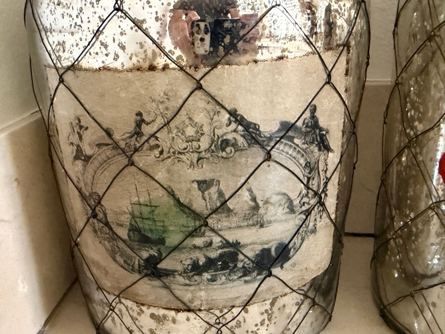 Decorative Vintage-Style Mercury Glass Apothecary Bottles Wrapped In Wire Netting With Traditional Illustration Decals 12'-13'H [Photo 4]
