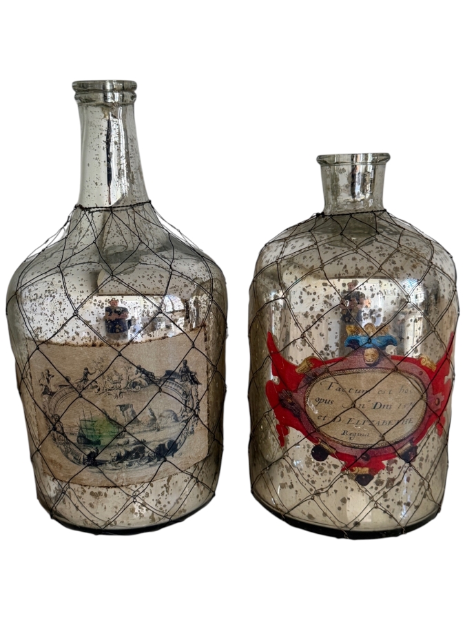 Decorative Vintage-Style Mercury Glass Apothecary Bottles Wrapped In Wire Netting With Traditional Illustration Decals 12'-13'H
