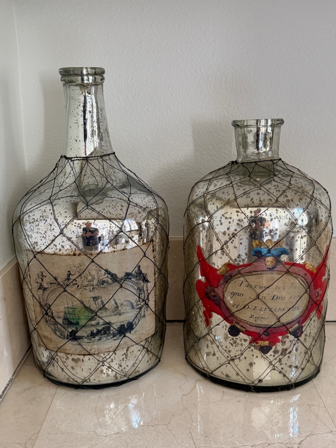 Decorative Vintage-Style Mercury Glass Apothecary Bottles Wrapped In Wire Netting With Traditional Illustration Decals 12'-13'H [Photo 2]