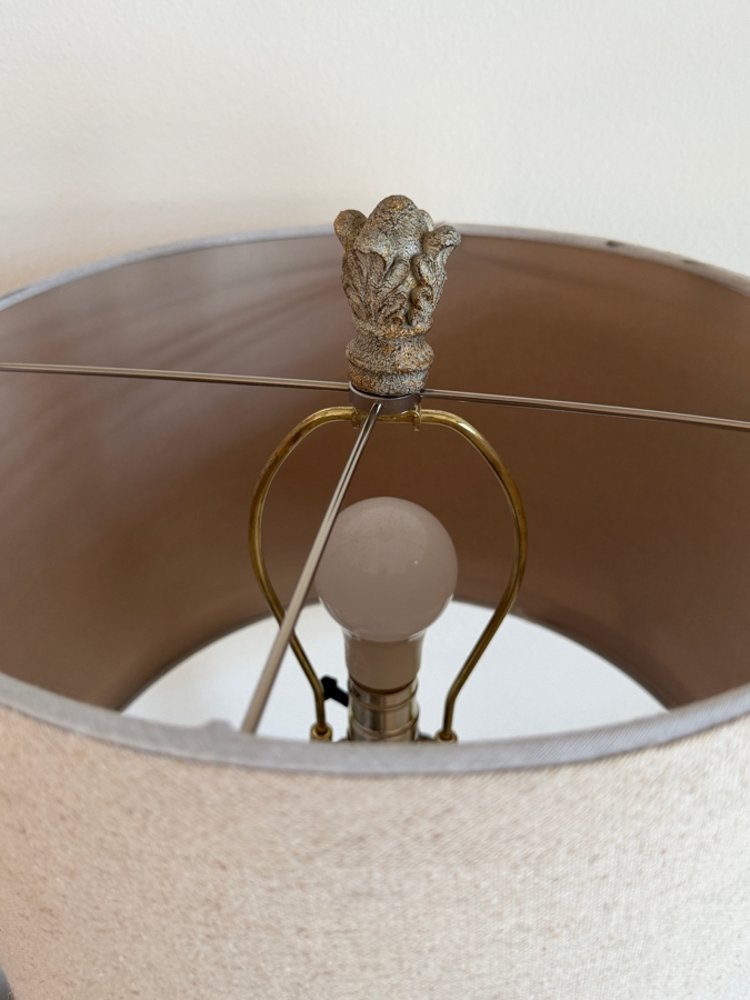 Pair Of Vintage-Style Distressed Resin Table Lamps With Ornate Carved Bases And Neutral Linen Drum Shades 33'H [Photo 4]