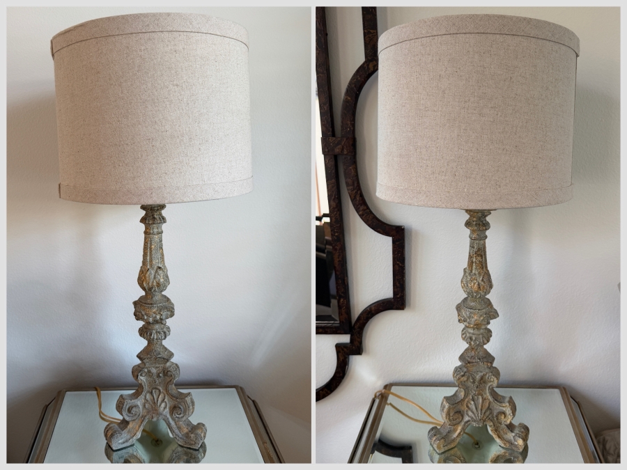 Pair Of Vintage-Style Distressed Resin Table Lamps With Ornate Carved Bases And Neutral Linen Drum Shades 33'H