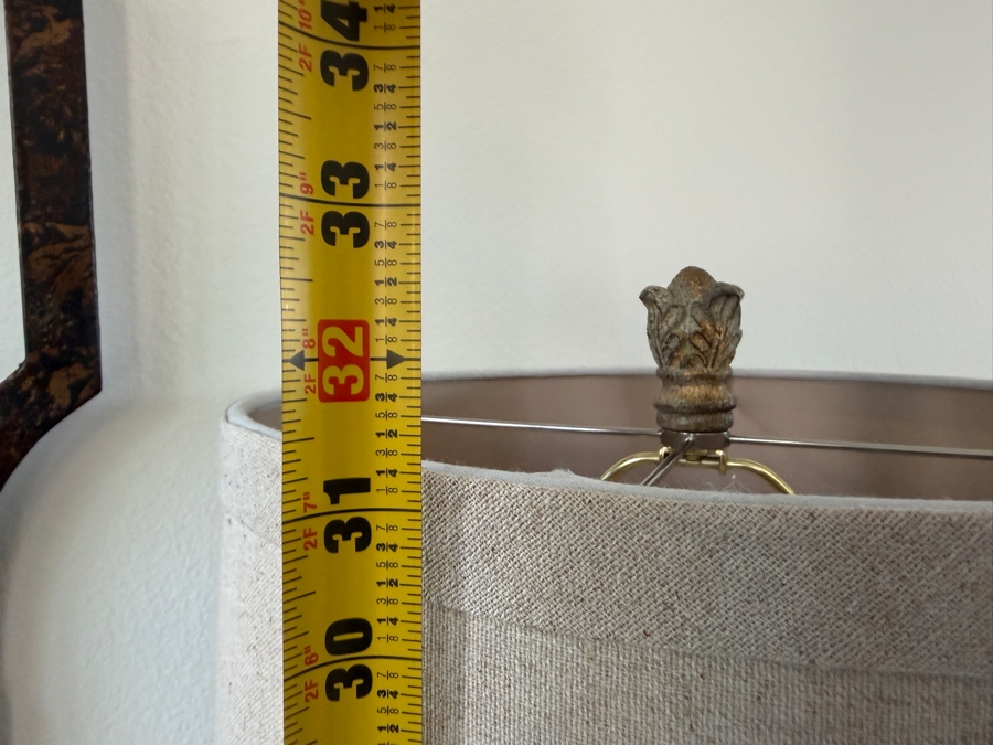 Pair Of Vintage-Style Distressed Resin Table Lamps With Ornate Carved Bases And Neutral Linen Drum Shades 33'H [Photo 7]