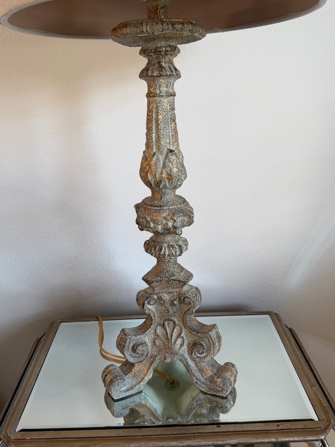 Pair Of Vintage-Style Distressed Resin Table Lamps With Ornate Carved Bases And Neutral Linen Drum Shades 33'H [Photo 3]