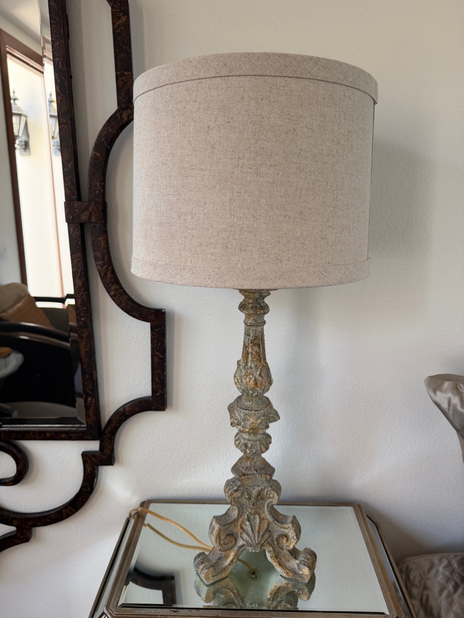 Pair Of Vintage-Style Distressed Resin Table Lamps With Ornate Carved Bases And Neutral Linen Drum Shades 33'H [Photo 5]