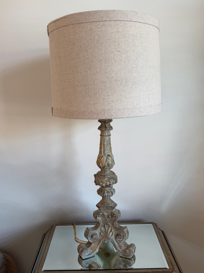 Pair Of Vintage-Style Distressed Resin Table Lamps With Ornate Carved Bases And Neutral Linen Drum Shades 33'H [Photo 2]