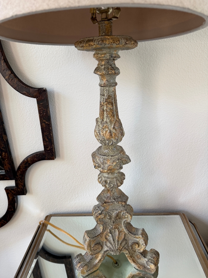Pair Of Vintage-Style Distressed Resin Table Lamps With Ornate Carved Bases And Neutral Linen Drum Shades 33'H [Photo 6]