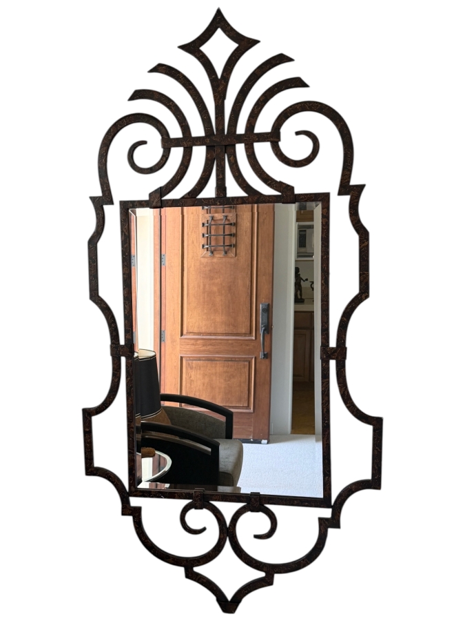 Large Arched Scrolled Wrought Iron Wall Mirror With Antiqued Bronze Copper Patina Finish 34'W X 7W2'H