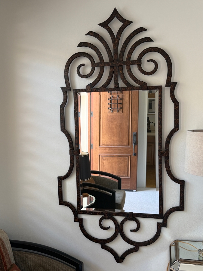 Large Arched Scrolled Wrought Iron Wall Mirror With Antiqued Bronze Copper Patina Finish 34'W X 7W2'H [Photo 2]