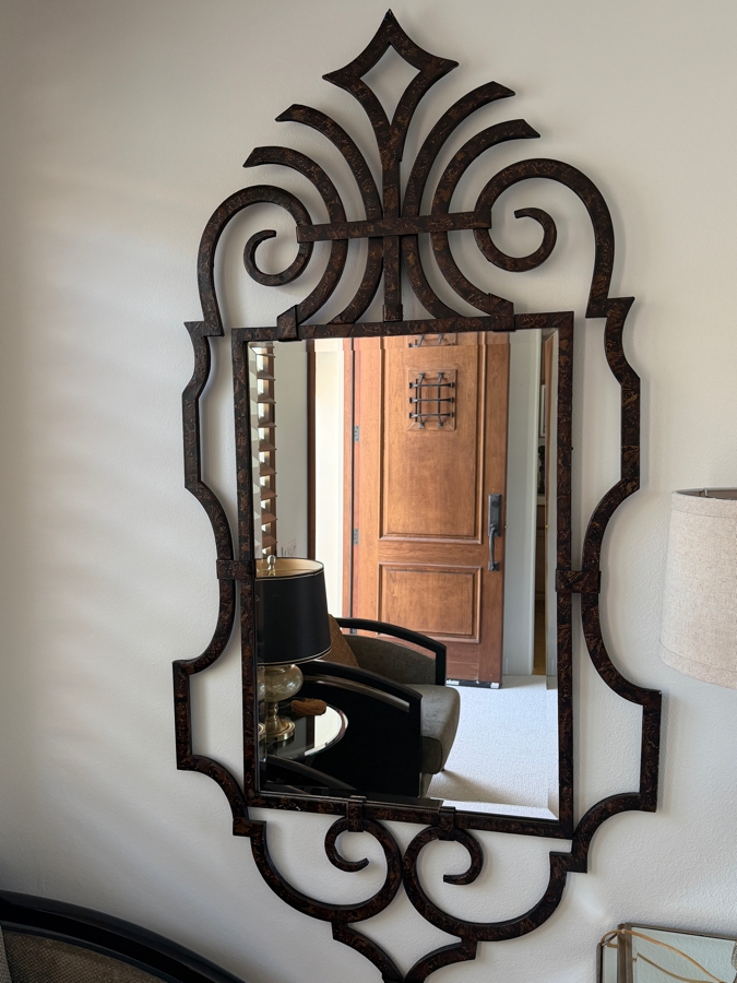 Large Arched Scrolled Wrought Iron Wall Mirror With Antiqued Bronze Copper Patina Finish 34'W X 7W2'H [Photo 3]