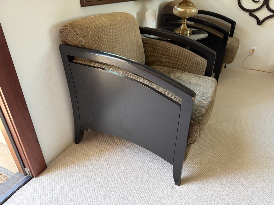 Pair Of Art Deco Inspired Barrel Armchairs With Dark Wood Frames And Textured Upholstery [Photo 4]