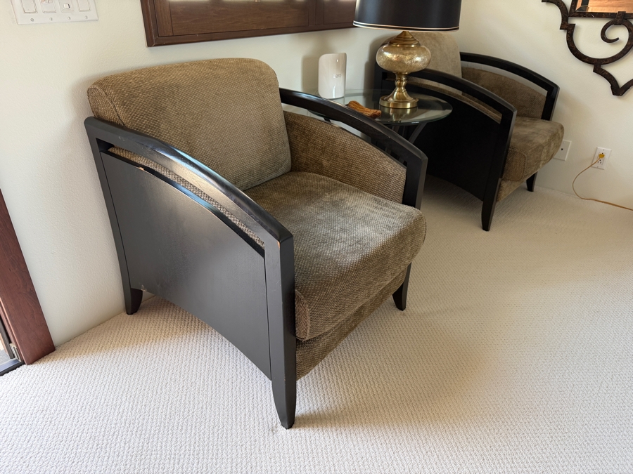 Pair Of Art Deco Inspired Barrel Armchairs With Dark Wood Frames And Textured Upholstery