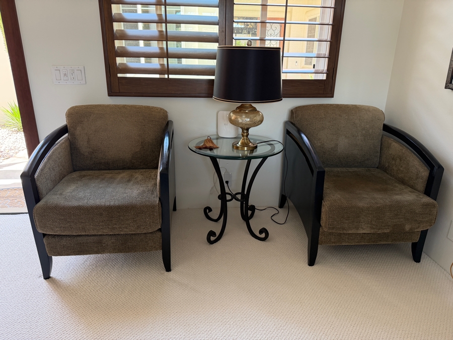 Pair Of Art Deco Inspired Barrel Armchairs With Dark Wood Frames And Textured Upholstery [Photo 3]