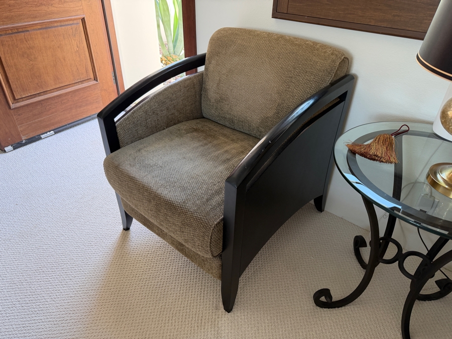 Pair Of Art Deco Inspired Barrel Armchairs With Dark Wood Frames And Textured Upholstery [Photo 6]