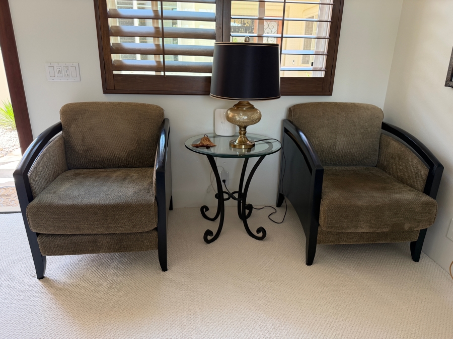 Pair Of Art Deco Inspired Barrel Armchairs With Dark Wood Frames And Textured Upholstery [Photo 2]