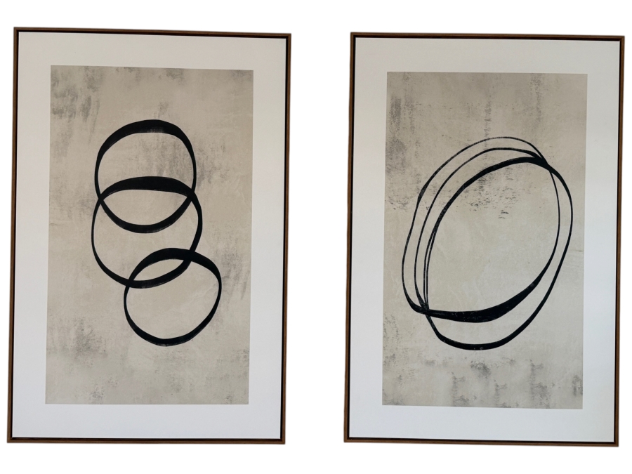 (2) Abstract Minimalist Black Ring Canvas Prints With Wood Toned Frames 24 X 36