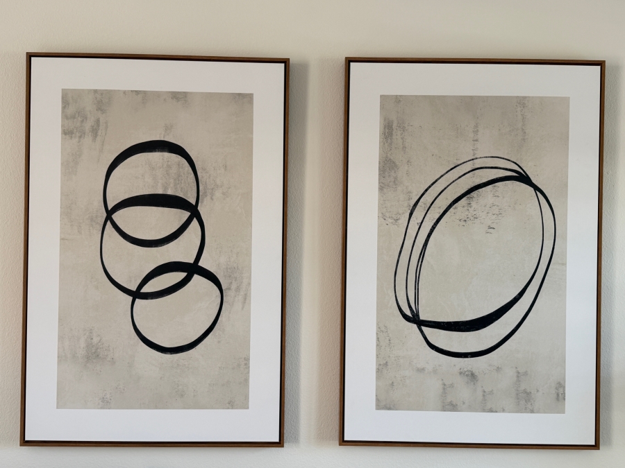 (2) Abstract Minimalist Black Ring Canvas Prints With Wood Toned Frames 24 X 36 [Photo 2]