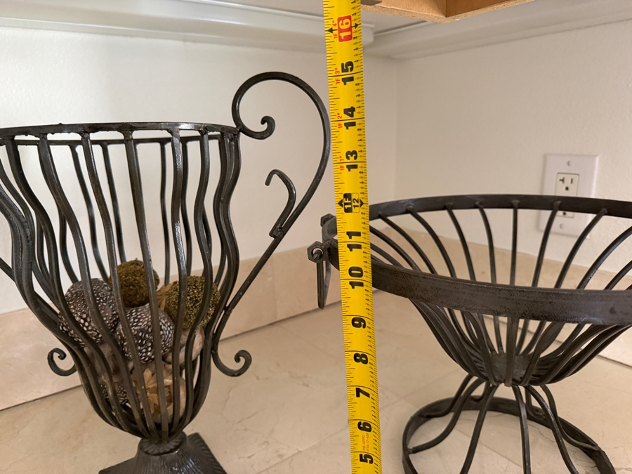 Pair Of Vintage Wrought Iron Decorative Scrolled Urn And Tapered Wire Pedestal Baskets 10'H and 14'H [Photo 5]