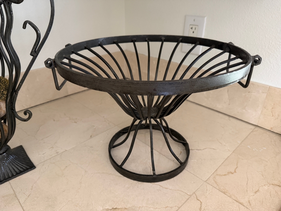 Pair Of Vintage Wrought Iron Decorative Scrolled Urn And Tapered Wire Pedestal Baskets 10'H and 14'H [Photo 4]