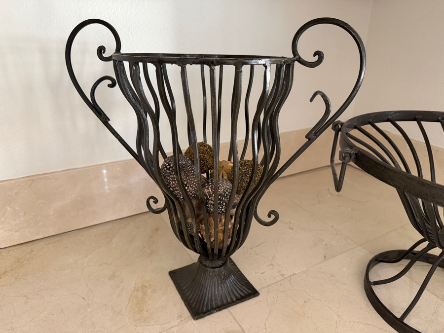 Pair Of Vintage Wrought Iron Decorative Scrolled Urn And Tapered Wire Pedestal Baskets 10'H and 14'H [Photo 3]