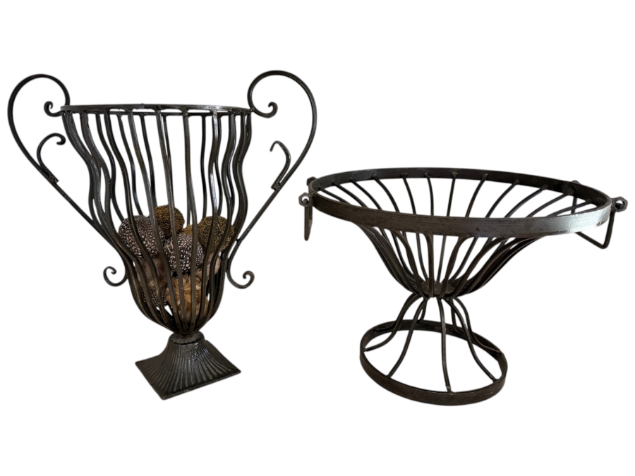 Pair Of Vintage Wrought Iron Decorative Scrolled Urn And Tapered Wire Pedestal Baskets 10'H and 14'H [Photo 2]