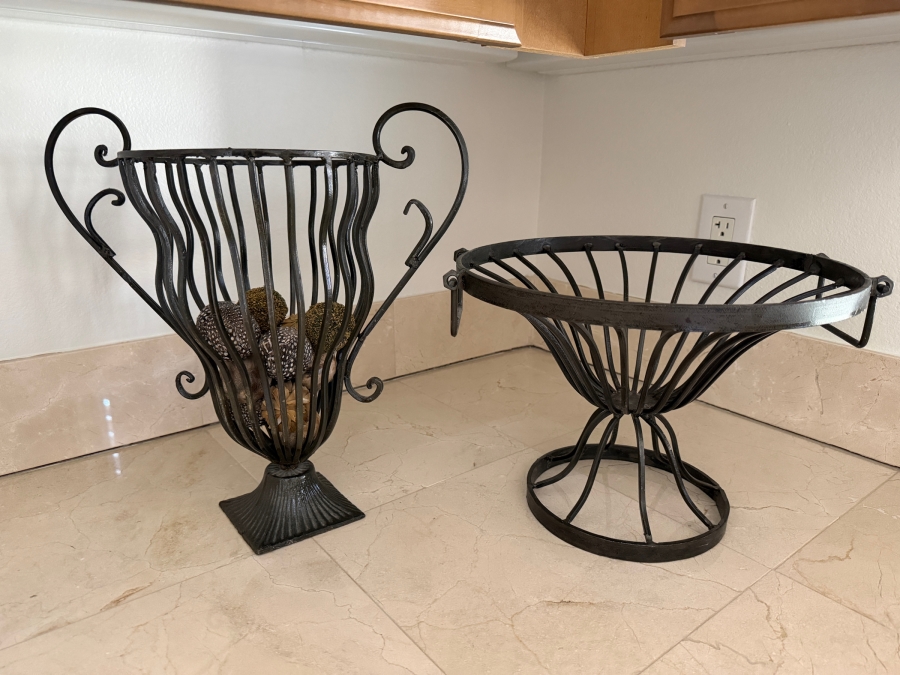 Pair Of Vintage Wrought Iron Decorative Scrolled Urn And Tapered Wire Pedestal Baskets 10'H and 14'H